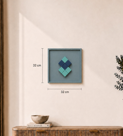 Wallibex Aqua Balance Duvar Dekoru / Ahşap çerçevesi ve aqua-kobalt tonlarındaki üç boyutlu küpleriyle modern ve dengeli bir görünüm sunan duvar dekoru.