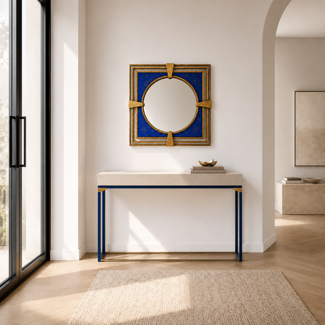 Cobalt Gold Duvar Aynası | Kobalt Mavi Dekoratif Tasarım Ayna / Cobalt Gold Duvar Aynası; kobalt mavi, gold detaylı ve eskitme metal konstrüksiyonuyla modern dekorasyona özgün bir dokunuş katar.