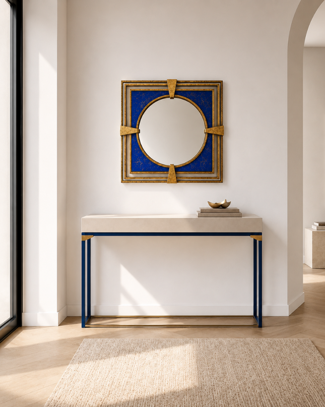 Cobalt Gold Duvar Aynası | Kobalt Mavi Dekoratif Tasarım Ayna / Cobalt Gold Duvar Aynası; kobalt mavi, gold detaylı ve eskitme metal konstrüksiyonuyla modern dekorasyona özgün bir dokunuş katar.