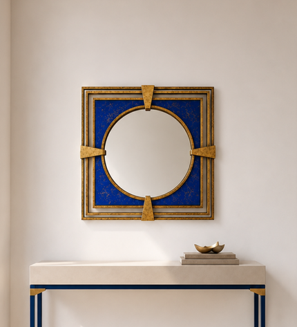 Cobalt Gold Duvar Aynası | Kobalt Mavi Dekoratif Tasarım Ayna / Cobalt Gold Duvar Aynası; kobalt mavi, gold detaylı ve eskitme metal konstrüksiyonuyla modern dekorasyona özgün bir dokunuş katar.