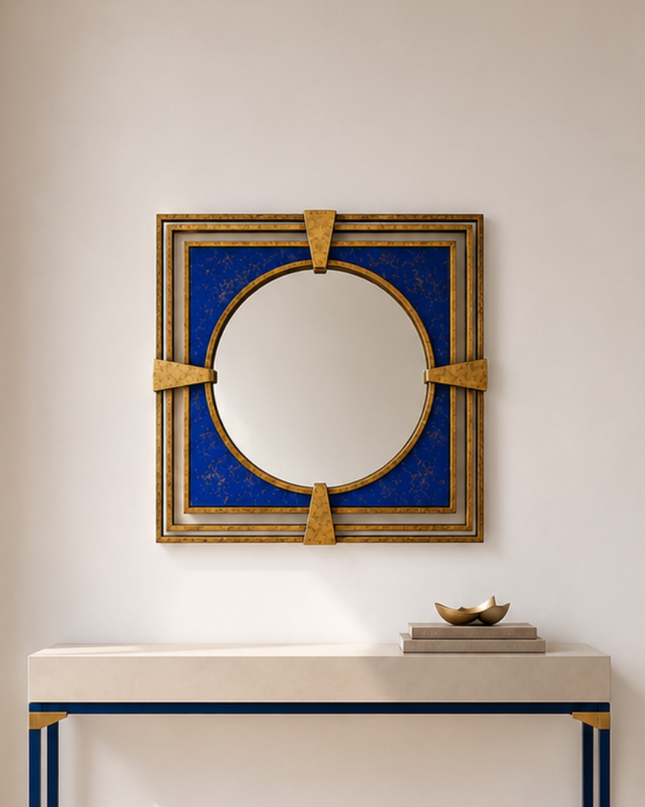 Cobalt Gold Duvar Aynası | Kobalt Mavi Dekoratif Tasarım Ayna / Cobalt Gold Duvar Aynası; kobalt mavi, gold detaylı ve eskitme metal konstrüksiyonuyla modern dekorasyona özgün bir dokunuş katar.