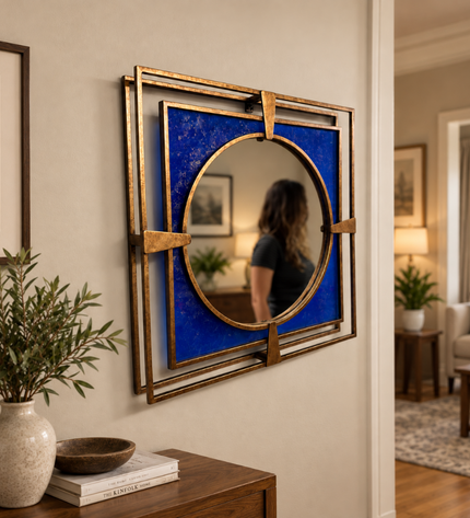 Cobalt Gold Duvar Aynası | Kobalt Mavi Dekoratif Tasarım Ayna / Cobalt Gold Duvar Aynası; kobalt mavi, gold detaylı ve eskitme metal konstrüksiyonuyla modern dekorasyona özgün bir dokunuş katar.