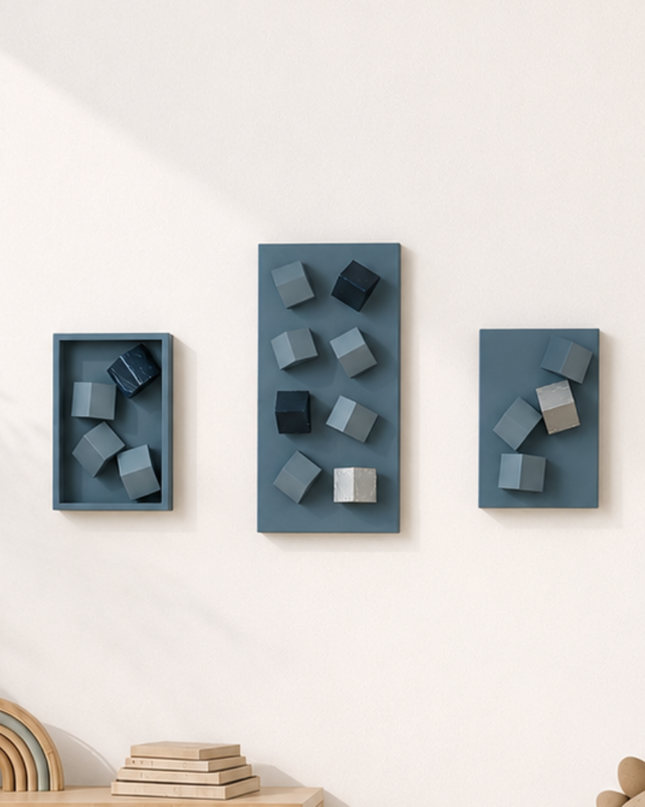 Triomio Blue 3’lü Set Duvar Aksesuarı – Geometrik Pano Kompozisyonu